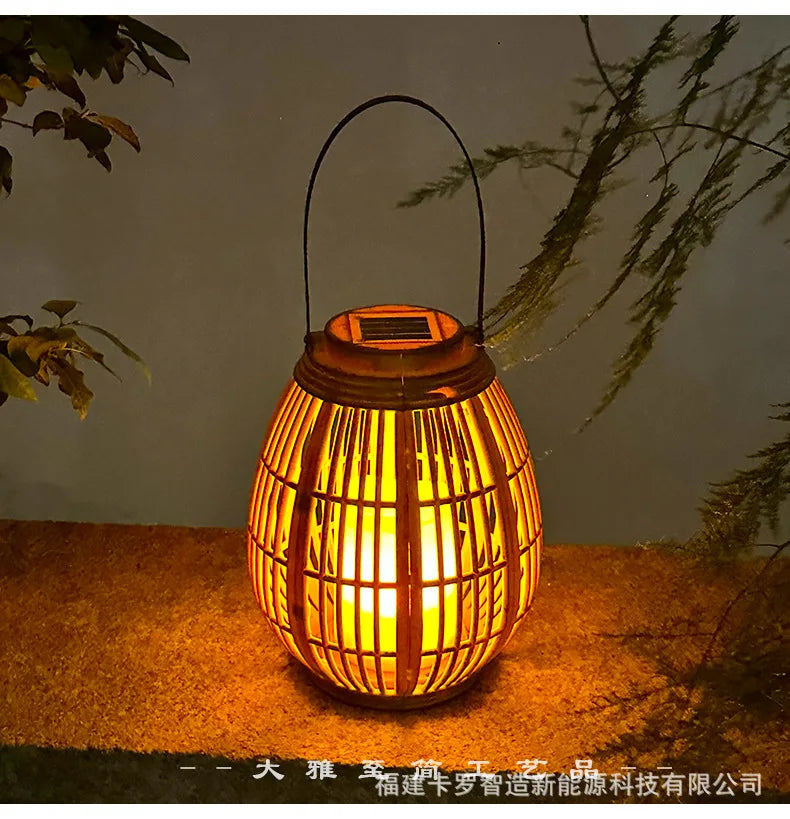 Outdoor Solar Imitation Rattan Lantern Courtyard Balcony Garden Decoration Candle Lights Creative Atmosphere Bamboo Chandelier