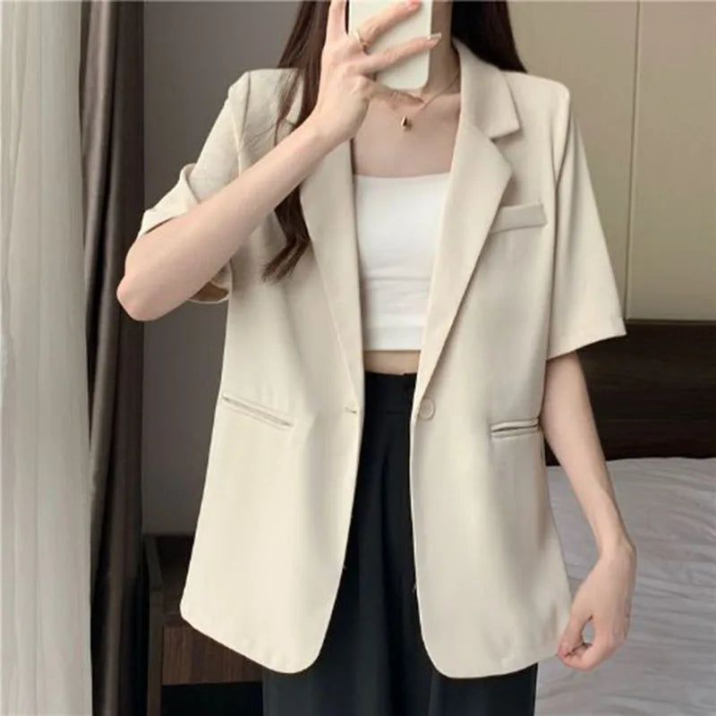 Thin Suit Jacket Women 2024 Summer Casual All Match Single Button Coat Woman Korean Style Loose Balck White Short Sleeve Jackets