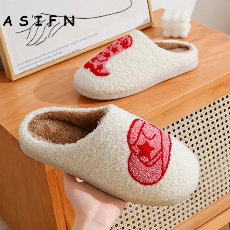 ASIFN Cute Boot Women's Slippers Cowgirl Hat Fluffy Cushion Slides Comfortable Cozy Comfy Smile Houseshoes Laides Winter Shoes