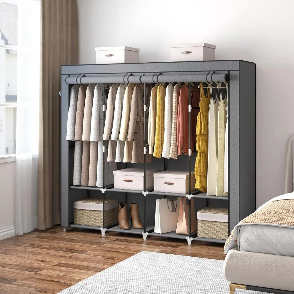 67 in Portable Closet Wardrobe for Hanging Clothes, Wardrobe Closet , 4 Hanging Rods and Side Pockets, 8 Storage Shelves