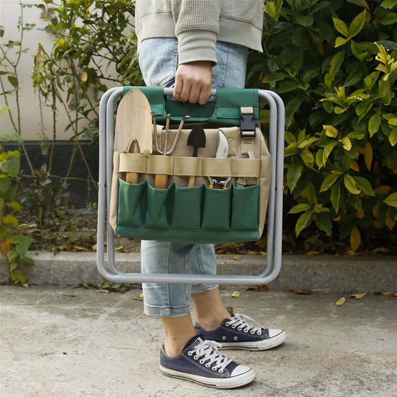 Multipurpose Garden Tools Set Chair Folding Stool with Tote Bag Garden Tools Kit Organizer with Pockets for Gardener Use