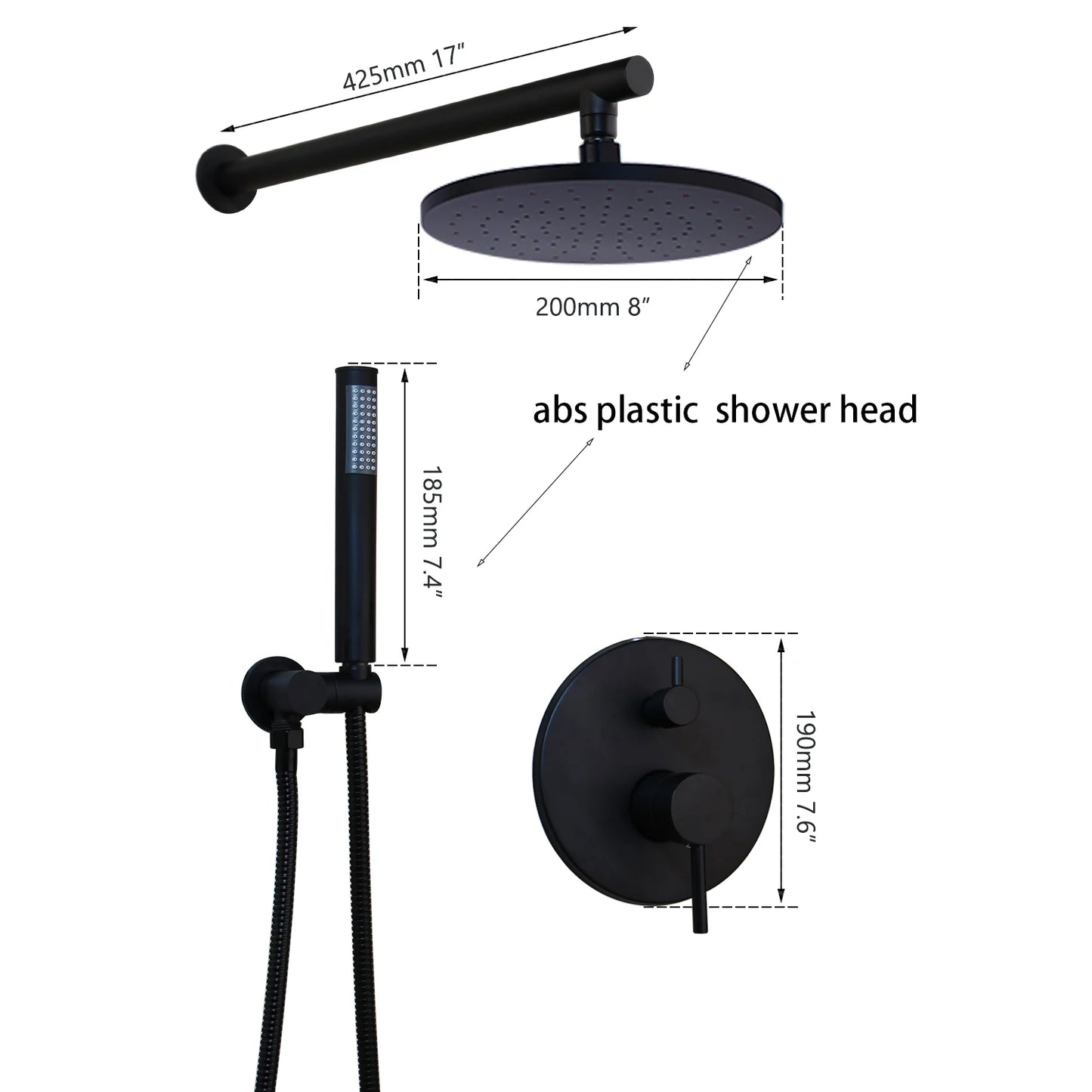 KEMAIDI Black Round Modern Rainfall Shower Systyerm Wall Mounted Bathroom Shower Faucet Sets Shower Head & Hand Shower Set