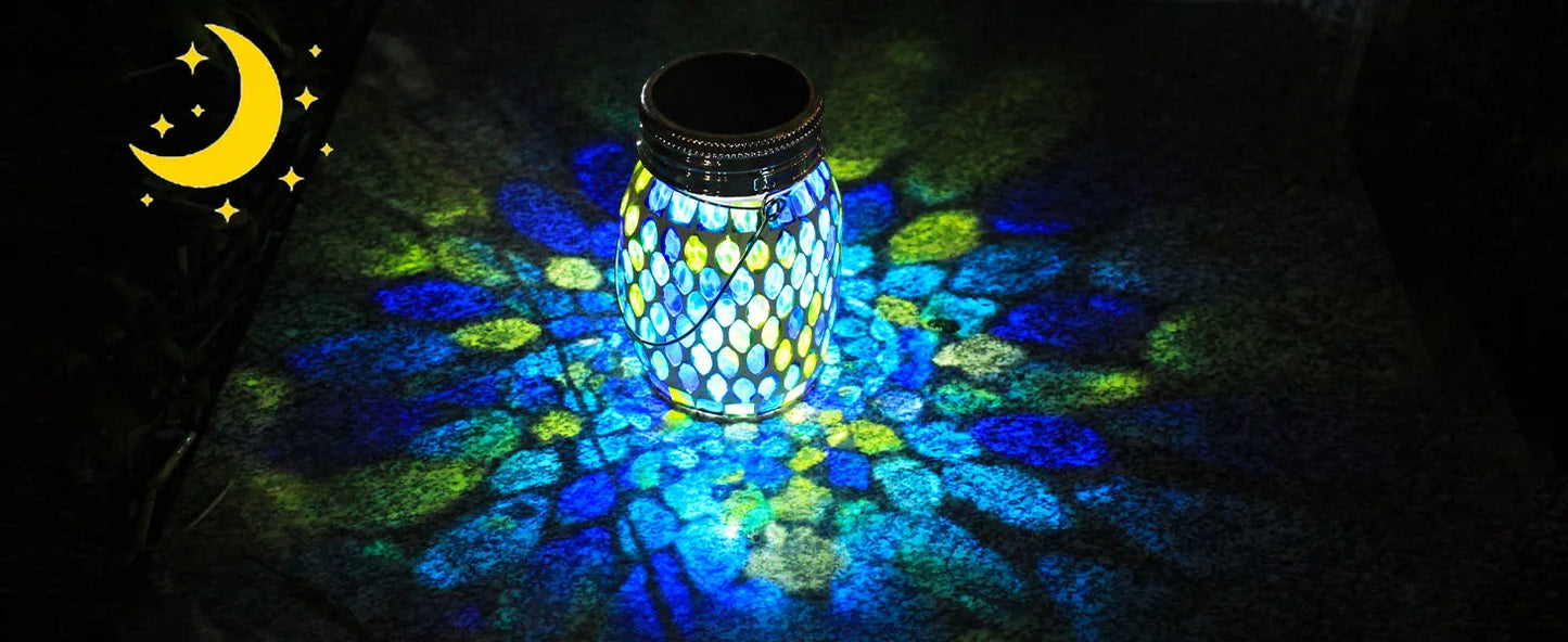 Solar Mosaic Lantern Hanging Mason Jar Glass Lights Outdoor Waterproof Table Lamp Decoration for Garden Patio Party Yard Balcony