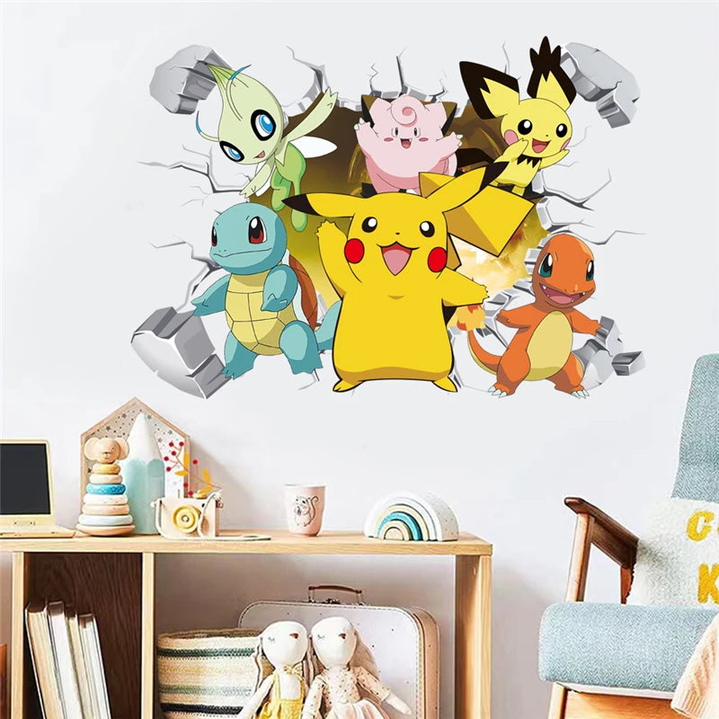 Cartoon Pikachu Wall Stickers For Kid's Rooms Kindergarten Living Room Bedroom PVC Wall Decoration Animated Poster Bedroom Decor