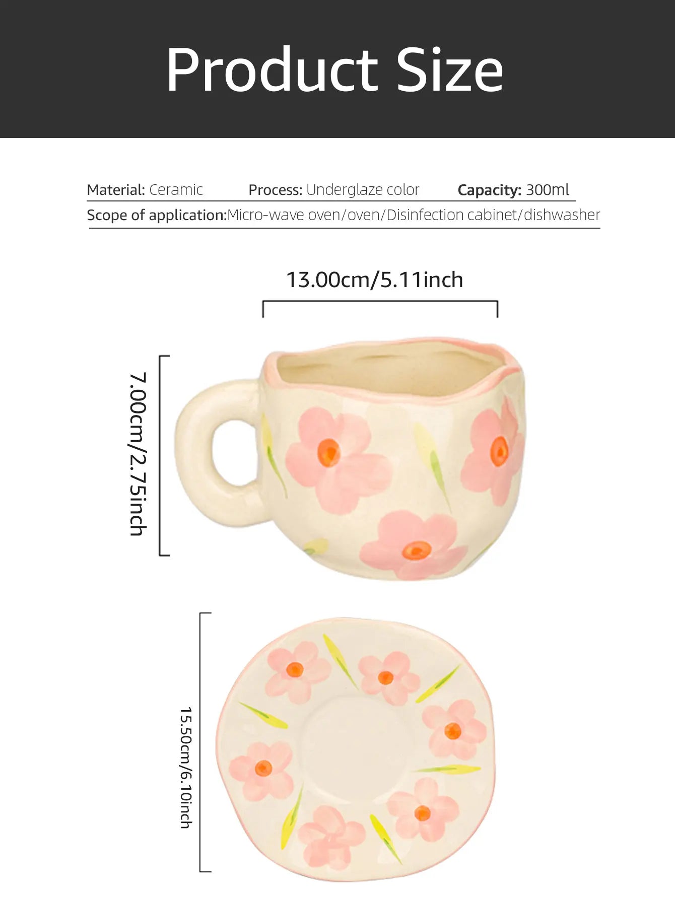 Hand-painted Flower Ceramic Coffee Cup Home Office Mug With Plate Spoon Breakfast Milk Juice Tea Handle Cup Gift Drinkware Set