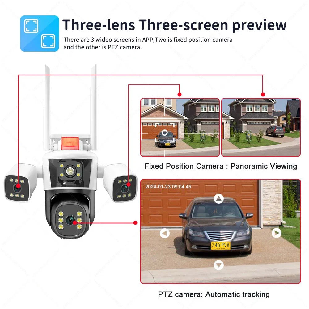 12MP 6K WiFi IP Camera Three lens Outdoor Panoramic View PTZ Camera Smart Security Protection Street Wifi Surveillance Cameras