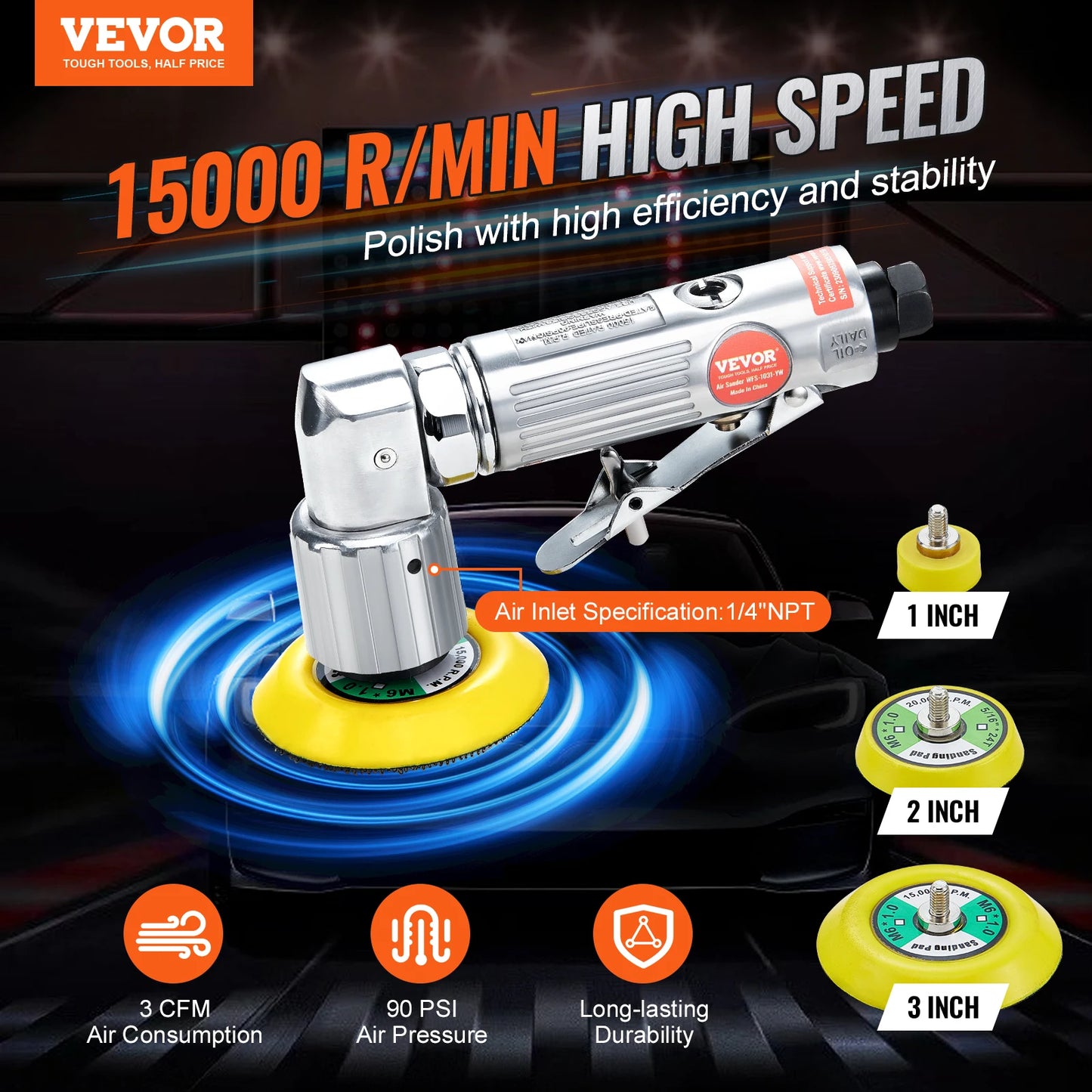 VEVOR Mini Air Sander Orbital Pneumatic 1"/2"/3" Grinding Machine Set for Car Polishing High Speed Air Powered Polisher Air Tool