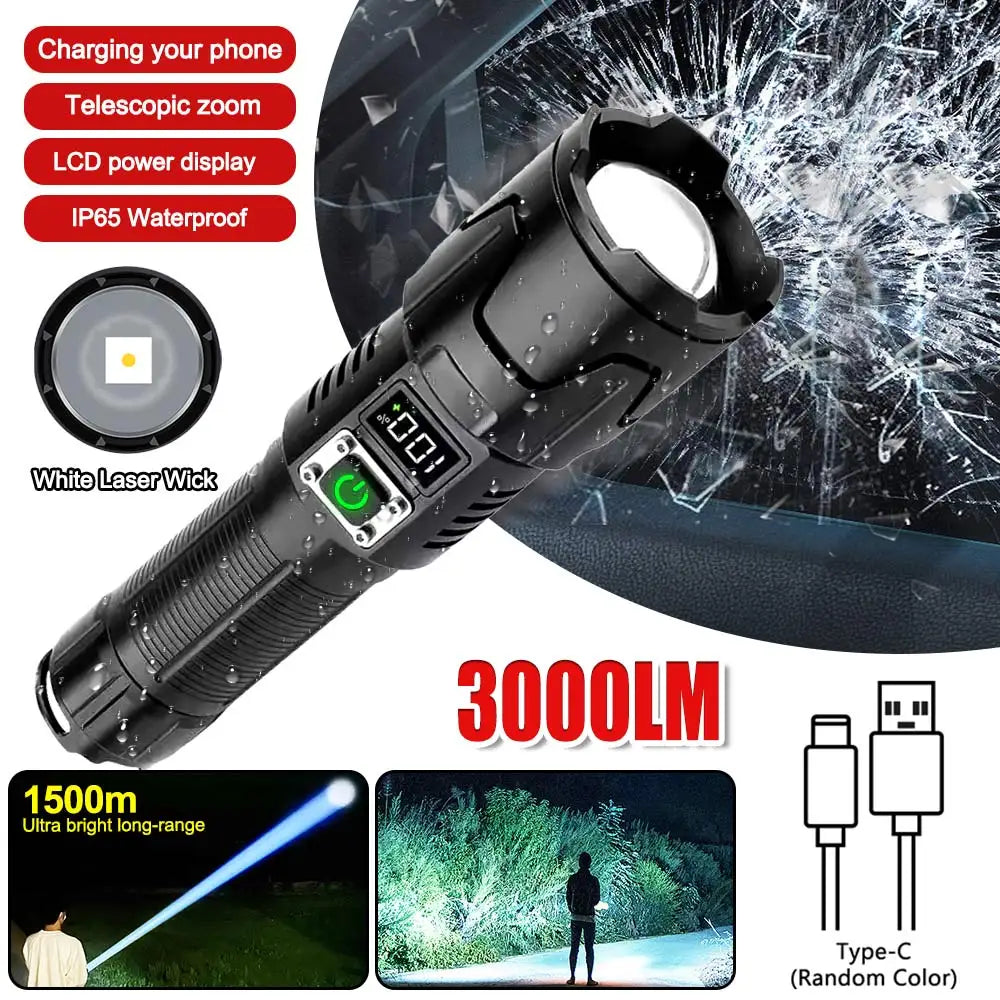 30W Super bright Long Shot Torch LED White Laser Flashlight USB Rechargeable Flash Light 26650 Flashlights Tactical Lantern