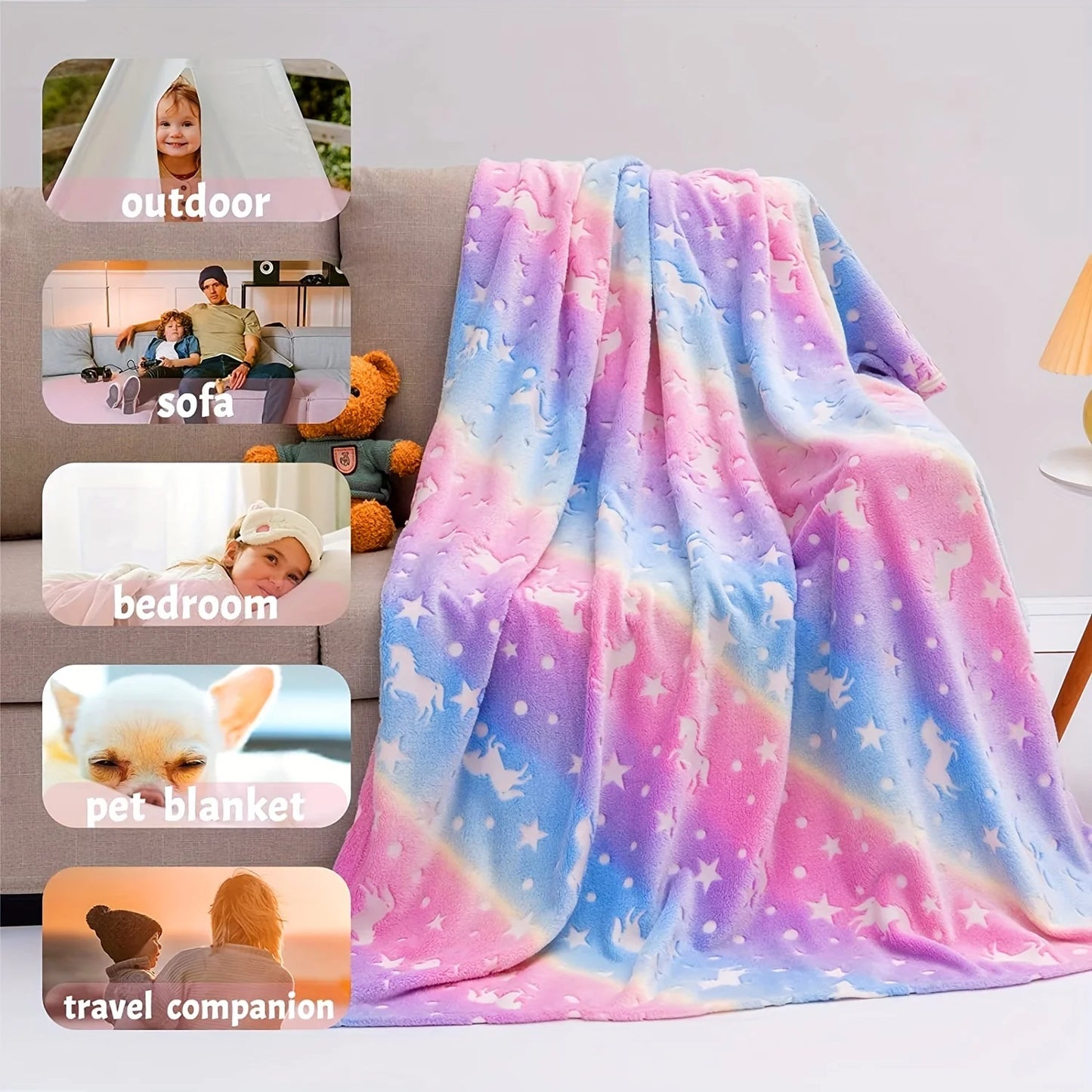 Glow In The Dark Rainbow Unicorn Blanket Cozy Soft Flannel Blanket For Sofa Bed Universal Bedding Blanket Birthday Gift For Kids