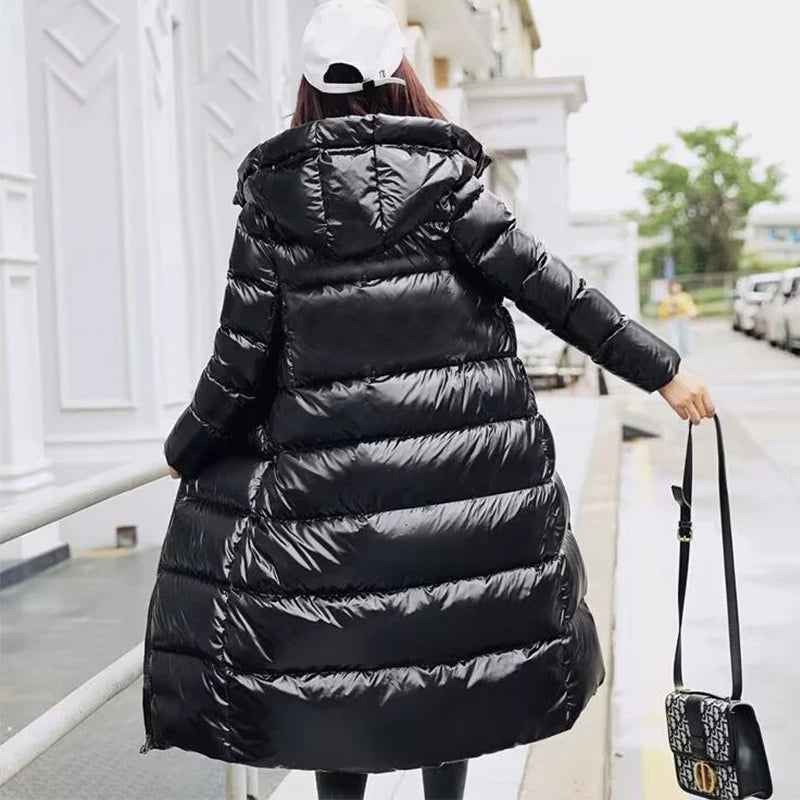 Black Glossy Parka Coat Women's Long Jacket New 2024 Fashion Thicken Winter Hooded Loose Female Windproof Rainproof Warm Outwear