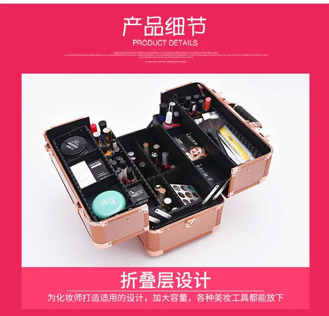 2024 New Professional Makeup Box Aluminum Alloy Make Up Organizer Women Cosmetic Case Travel Large Capacity Suitcase Bag