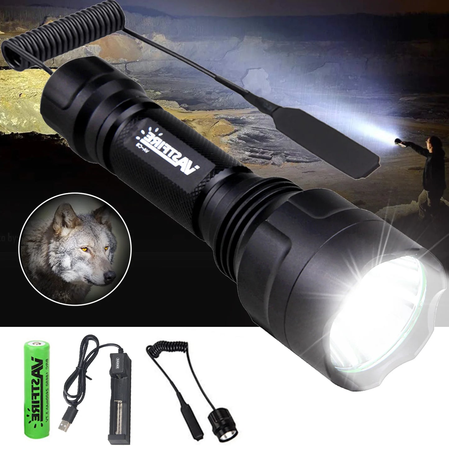 C8 Professional Tactical Flashlight Green/Red/White LED Hunting Torch 1-Mode Torch+18650+Charger+Remote Switch+Rifle Scope Mount