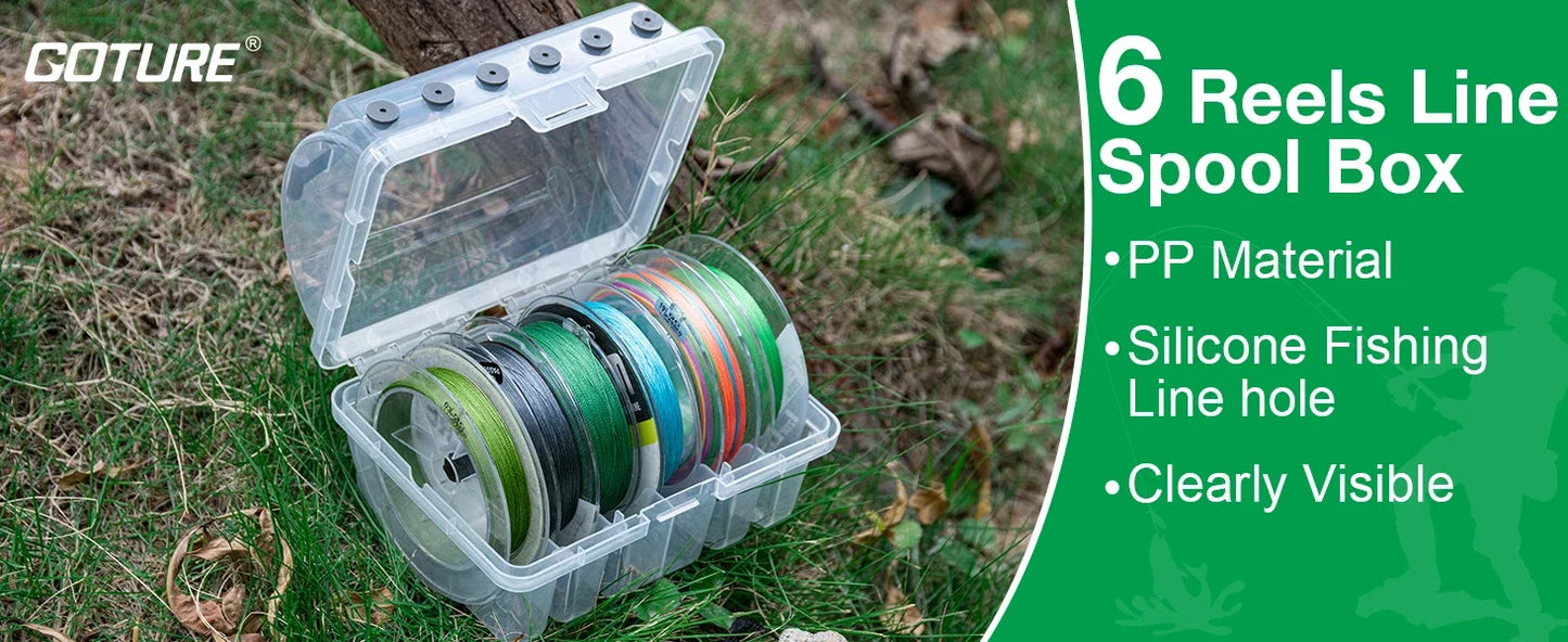 Goture Fishing Line Storage Box Slots Fishing Line Case Clear Visibility Fishing Line Organizer 6 Compartments Tackle Box 1pcs