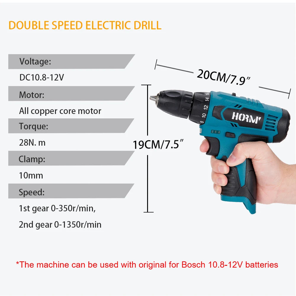 Hormy Cordless Electric Drill Electric Screwdriver Hand Driver Wrench Speed Adjustable No Battery Motor Power Tool For Bosch 12V