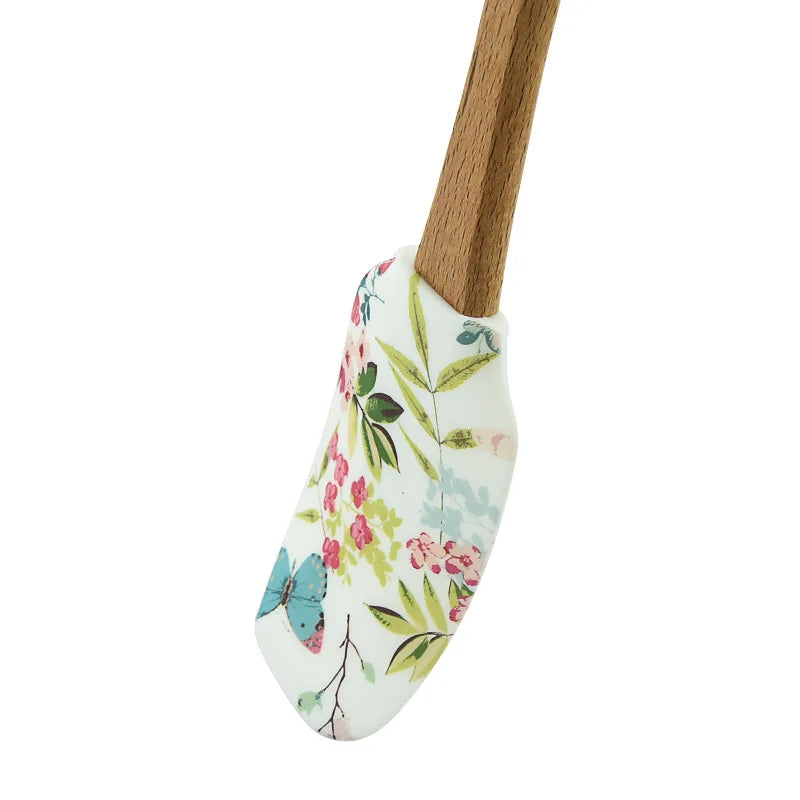 Printed Pattern Cake Scraper Silicone Cream Pastry Spatula Wooden Handle Butter Spreader Kitchen Batter Pies Baking Blender