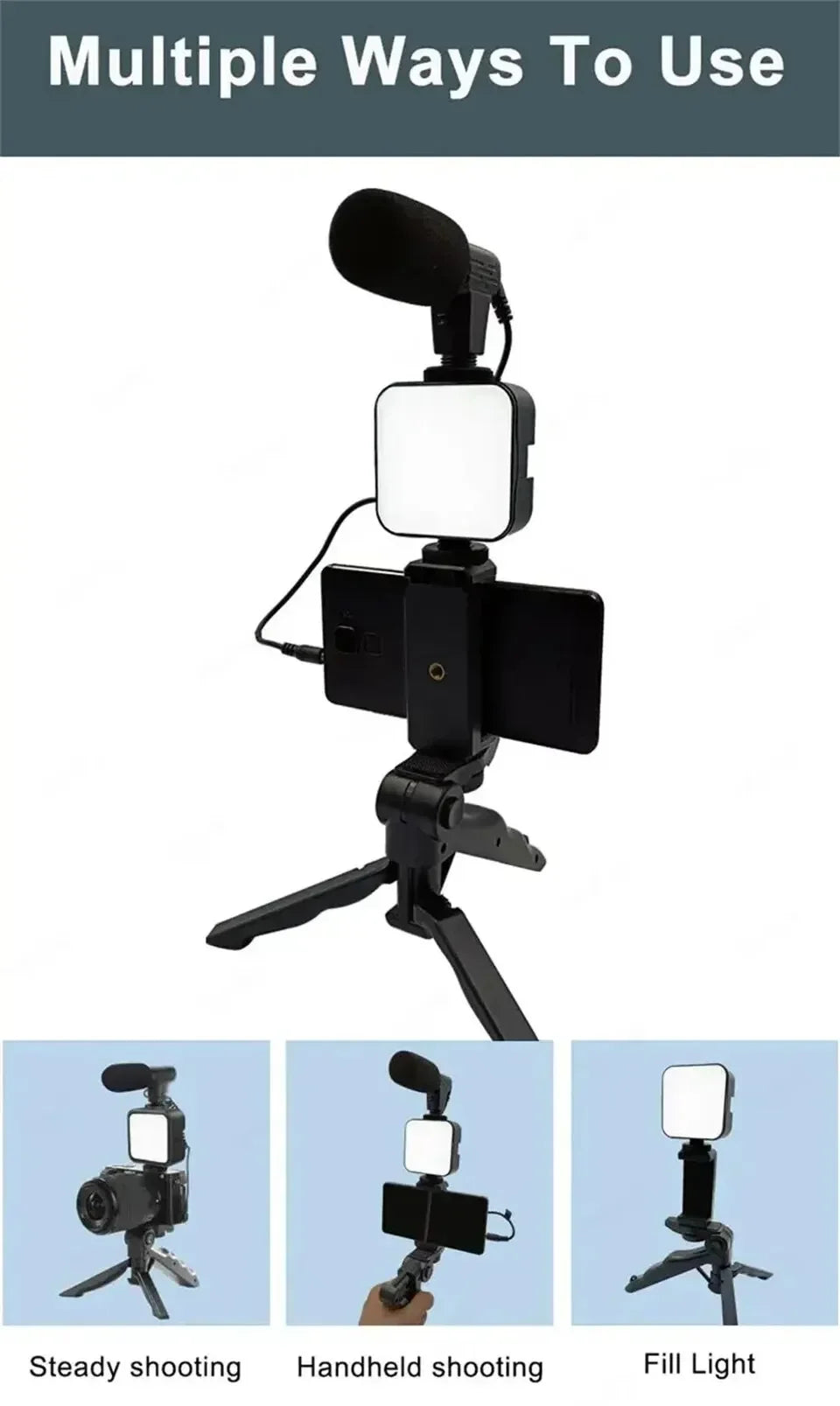 Tripod Phone Holder Smartphone Vlogging Kit With Mini Microphone LED Fill Light Starter For TikTok Live Stream Video YouTube