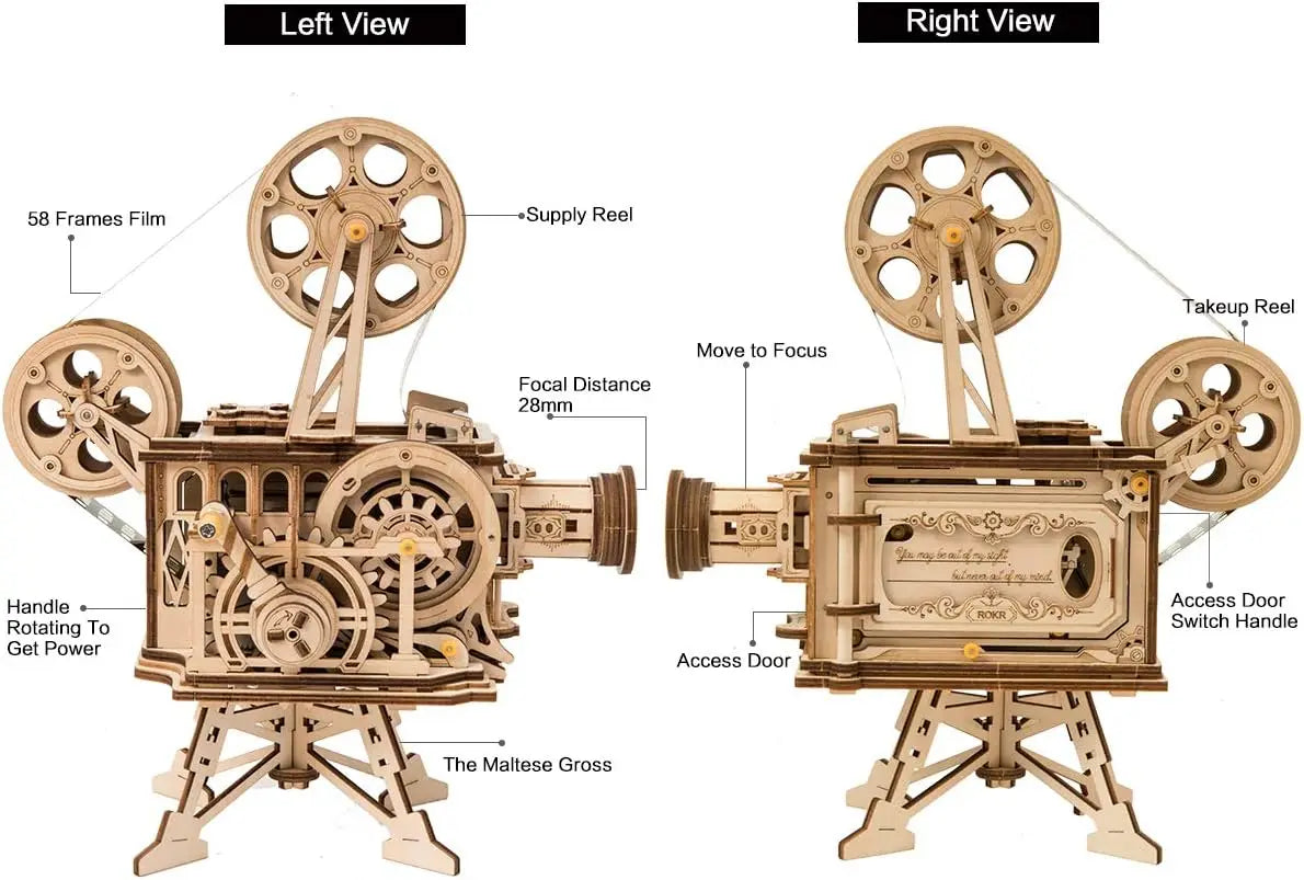 Robotime ROKR Hand Crank Projector Classic Film Vitascope 3D Wooden Puzzle Model Building Toys for Children Adult LK601