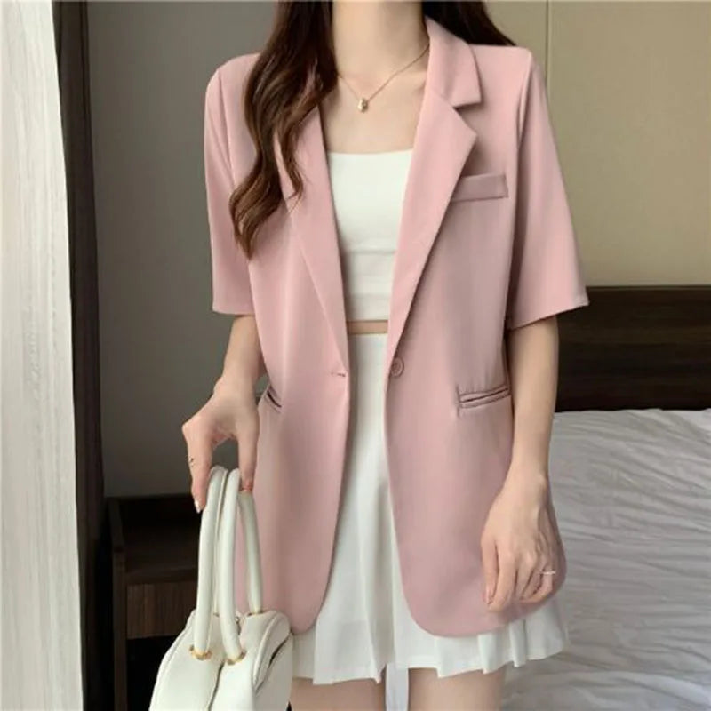 Thin Suit Jacket Women 2024 Summer Casual All Match Single Button Coat Woman Korean Style Loose Balck White Short Sleeve Jackets