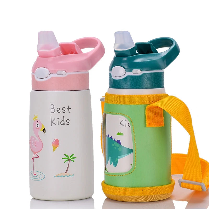 400ML Kids Water Bottle Cartoon Animal Children's Cup With Straw Stainless Steel Vacuum Flacks Thermos Bottle Thermal Mug Cups