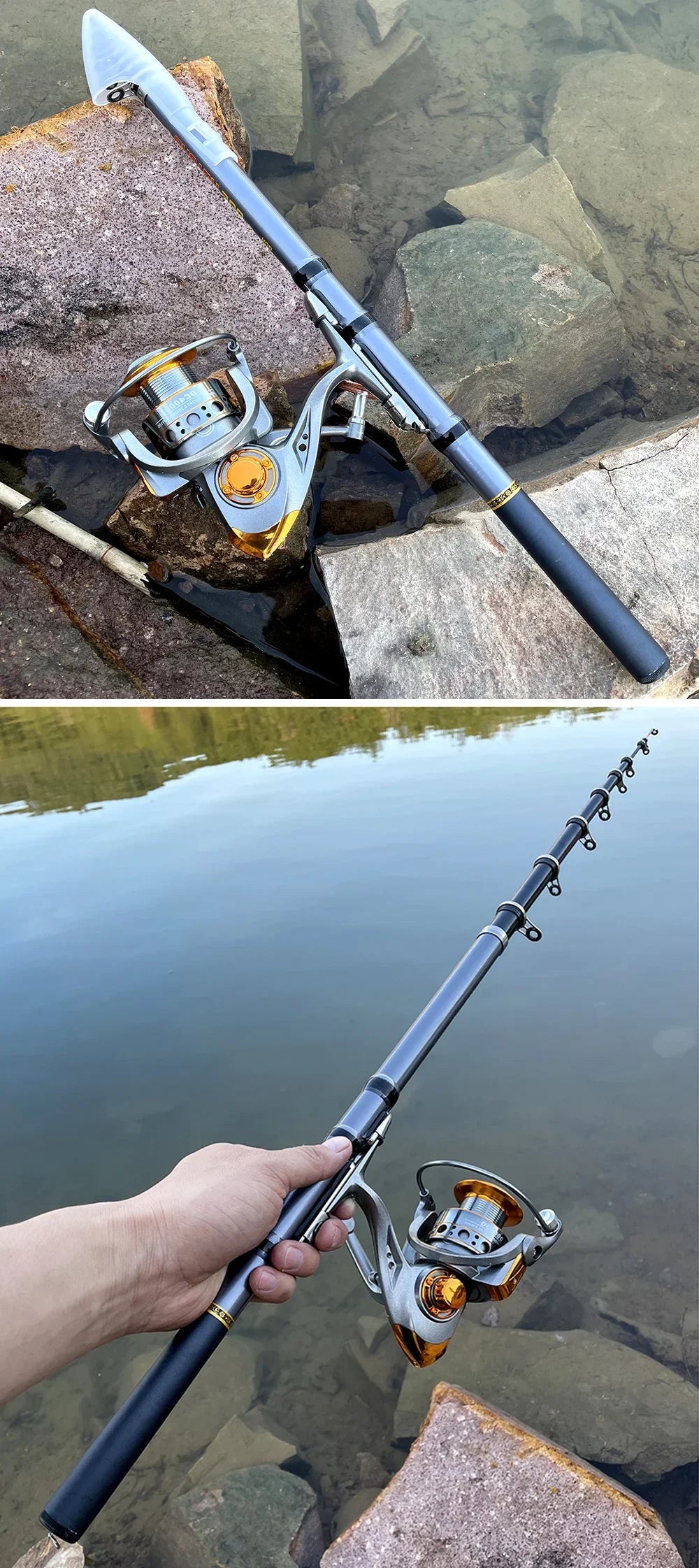 GHOTDA Carbon Fiber Short Telescopic Rock Fishing Rod and Spinning Fishing Reel Combo Full Kit Fishing Tackle Fishing Gear Set