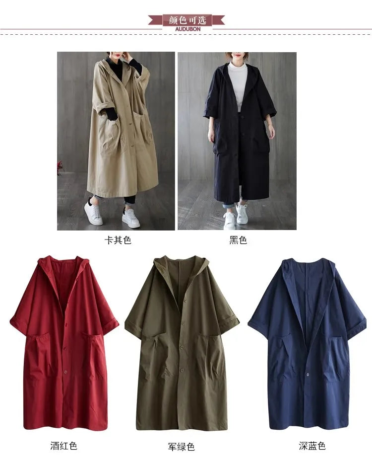 New 2024 Ladies Hooded Trench Coats Solid Loose Single-breasted Long Jacket for Daily Wear Women Windbreaker Casual Outerwear