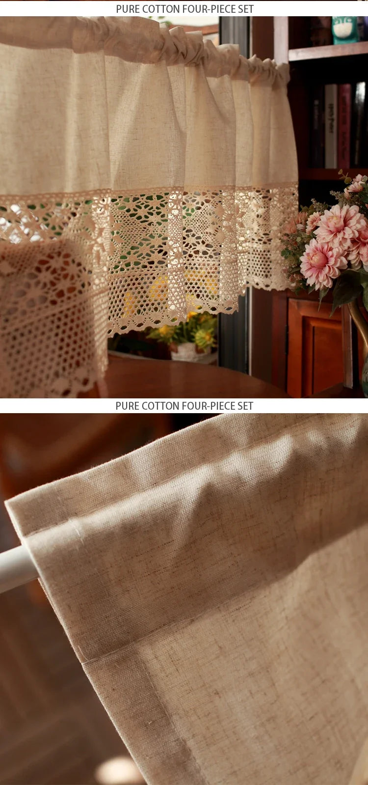 Handmade Cotton Linen Kitchen Short Curtains Crochet Lace Hollow Tassel Beige Valance Curtains Cafe Kitchen Door Window Drapes