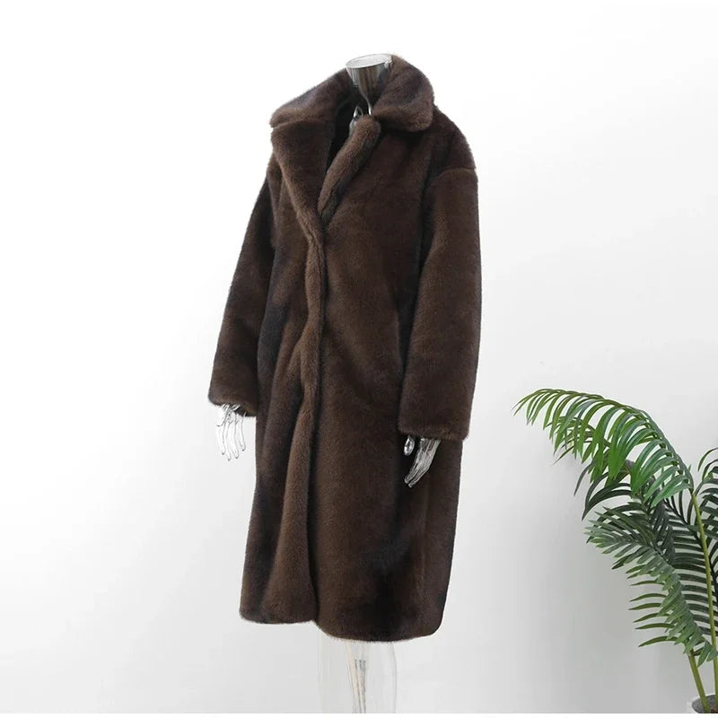 Women's Dark Brown Faux Fur Long Overcoat Single Breasted Fleece Long Trench Coat Winter Fluffy Plush Warm New Thicken Outerwear