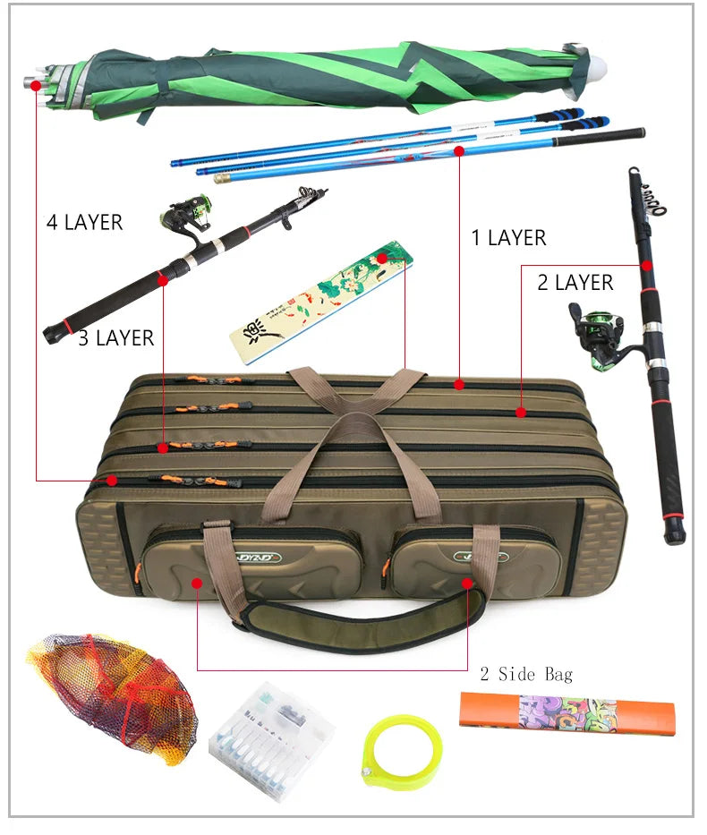 Multifunctional Hard Spinning Fishing Rod Bag 2/3/4 Layers 80CM-130CM Fishing Tackle Bags 1680D Oxford Reel Gear Storage Case