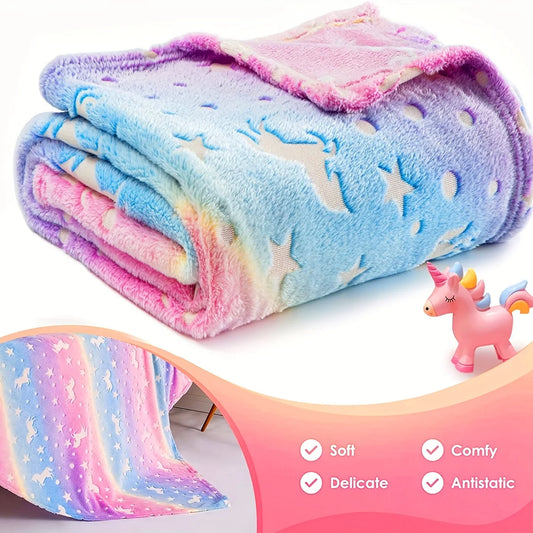 Glow In The Dark Rainbow Unicorn Blanket Cozy Soft Flannel Blanket For Sofa Bed Universal Bedding Blanket Birthday Gift For Kids