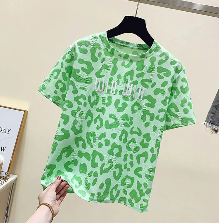 2024 new summer leopard print short sleeved t-shirt for women loose round neck fashionable and chic top trend