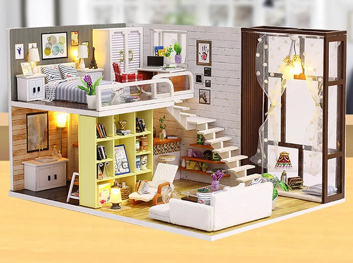 Assemble DIY Wooden House Dollhouse kit Wooden Miniature Doll Houses Miniature Dollhouse toys With Furniture LED Lights Gift