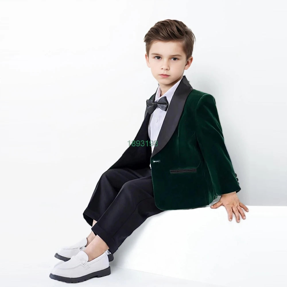 Boys Formal Velvet Suit Set Child Birthday Dress Wedding Party Photography Piano Recital Costume Kids Blazer Pants Bowtie Outfit