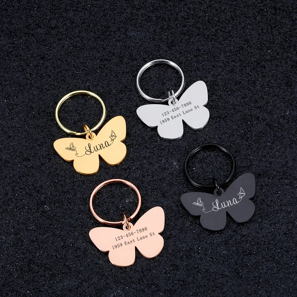 Customizable Butterfly Dog ID Tags Pet Dog Cat Name Medal Collar Engraving Name Personalized Number Kitten Puppy Tag Pendant