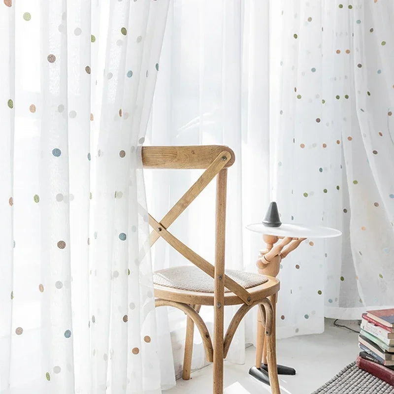 Colorful Dots Embroidered White Tulle Curtain for Kids Bedroom Living Room Modern Linen Sheer Voile Window Screen Panel ZH035H