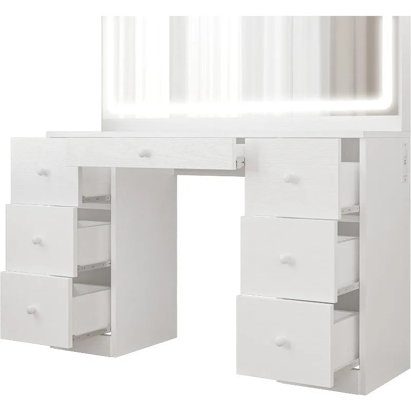 Vanity Desk Set with LED Lighted Mirror & Power Outlet, 7 Drawers Makeup Vanities Dressing Table with Stool, for Bedroom