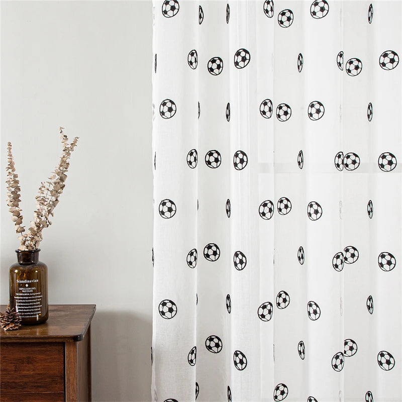 Cartoon Black Football Embroidery Sheer Curtains for Bedroom Boys Girl Children Nursery Faux Linen Voile Short Window Drapes