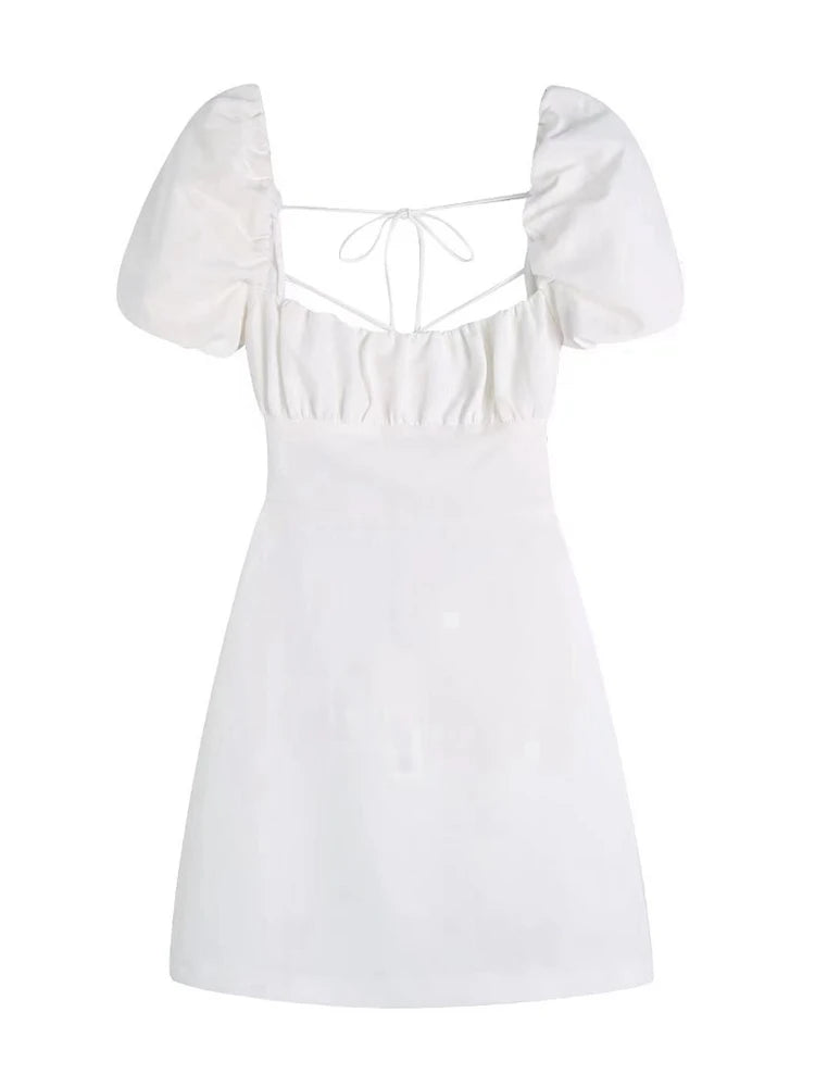 Tangada 2023 Summer Women White Cotton Dress Backless Puff Short Sleeve Ladies Sundress 3H204