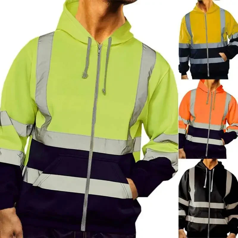 Men Reflective Strip Sanitation Overalls Fleece Hooded Jacket for Cold-Proof Outdoor Sweater Work Safety Coat Outdoor