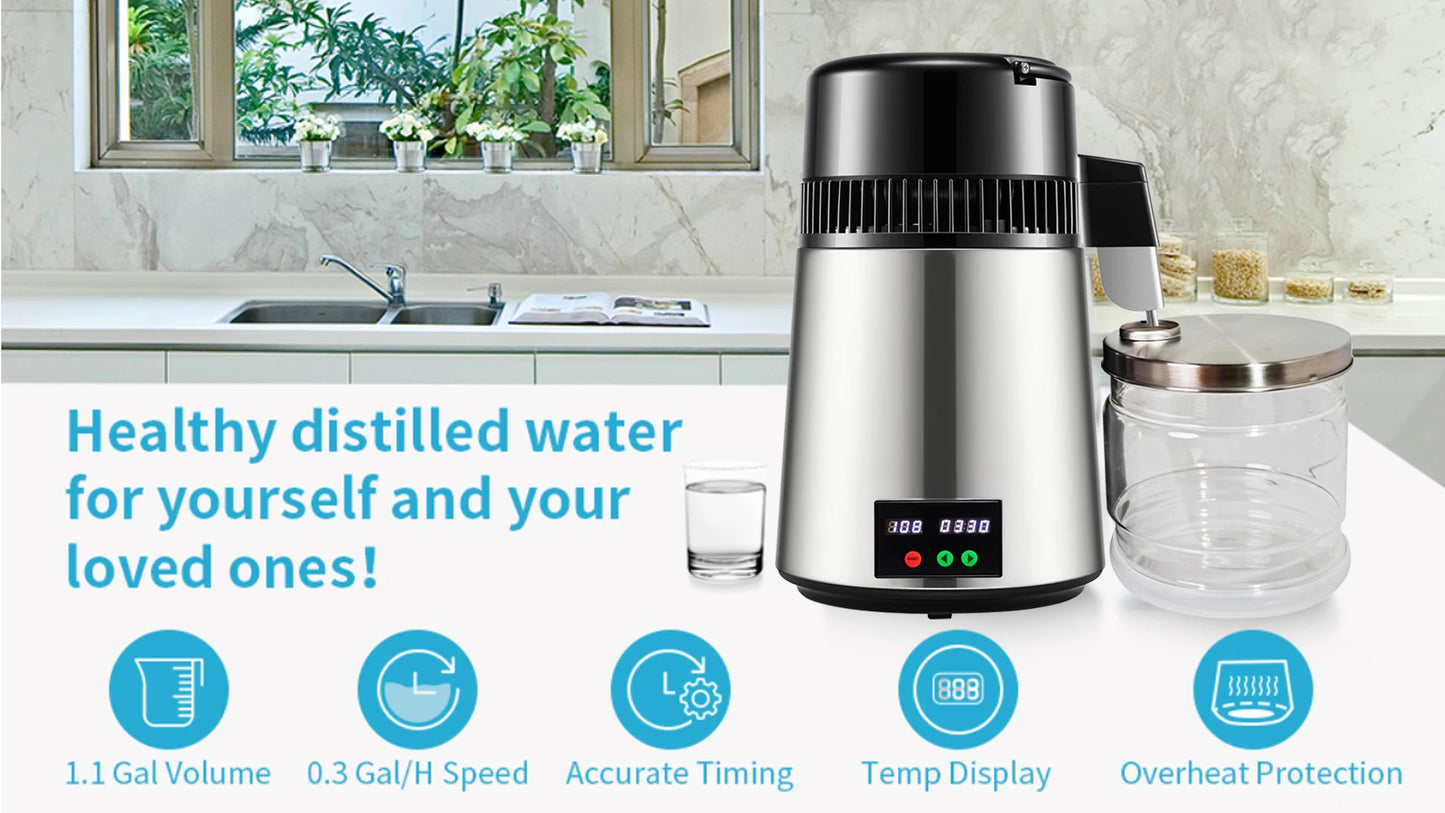 Water Distiller 4 L Distilled Water Maker 1.1 Gal Pure Water Distiller with Dual Temperature Display 750W Distilled Water Machin