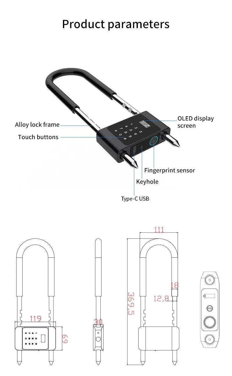 Tuya App Control Fingerprint Smart Lock High Secure Door U-Shaped Lock Bluetooth IC Card Electronic Digit Lock Office Anti Theft