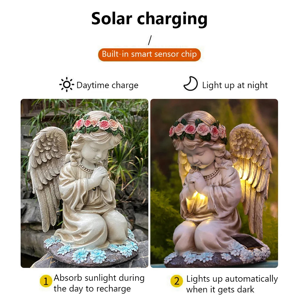 Solar Garden Sculpture With Light Resin Praying Angel Garden Figurine Statue For Outdoor Patio Lawn Yard Porch Garden Decoration