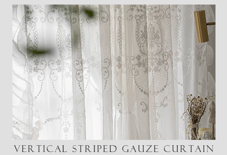 White Linen Sheer Embroidered Tulle Curtain for Girl Princess Bedroom French Romantic Ruffled Lace Voile Window Decoration Drape