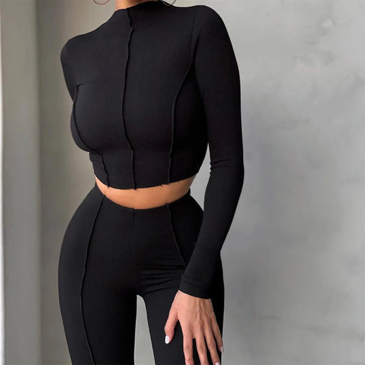 Autumn Women New Long Sleeved Set With Solid Color Round Neck High Waist Sexy Slim Fit Fashion Set Two Piece Set Reverse Design