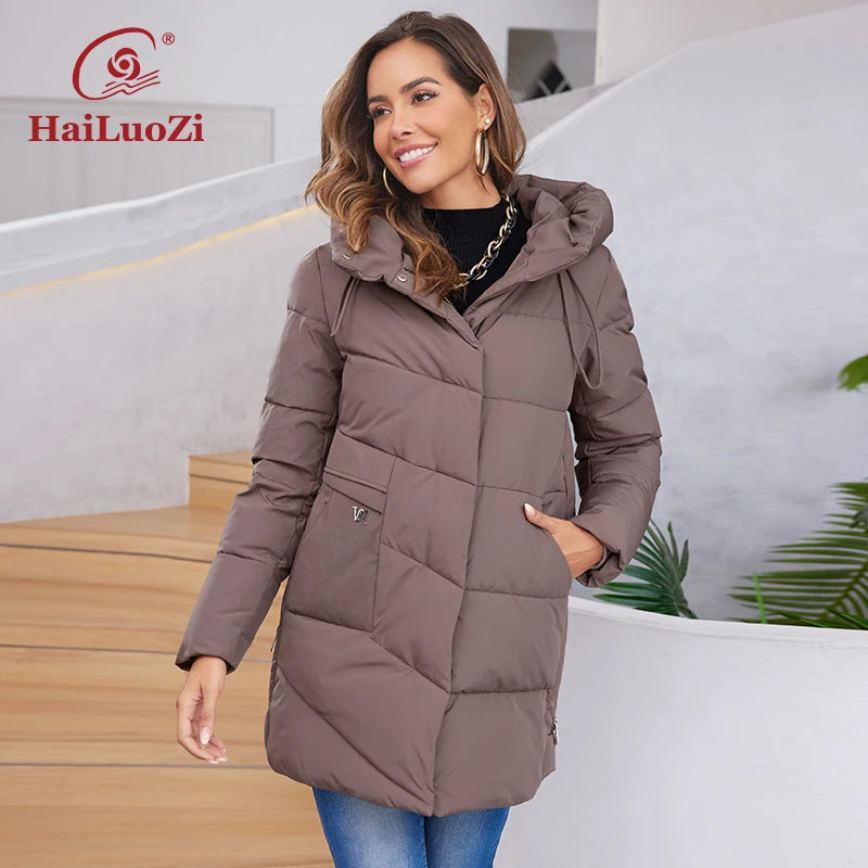 HaiLuoZi 2023 New Women Winter Jackets Warm Hooded Thick Bio-Cotton Female Parkas Solid Color Big Pockets Women‘s Coats 1139