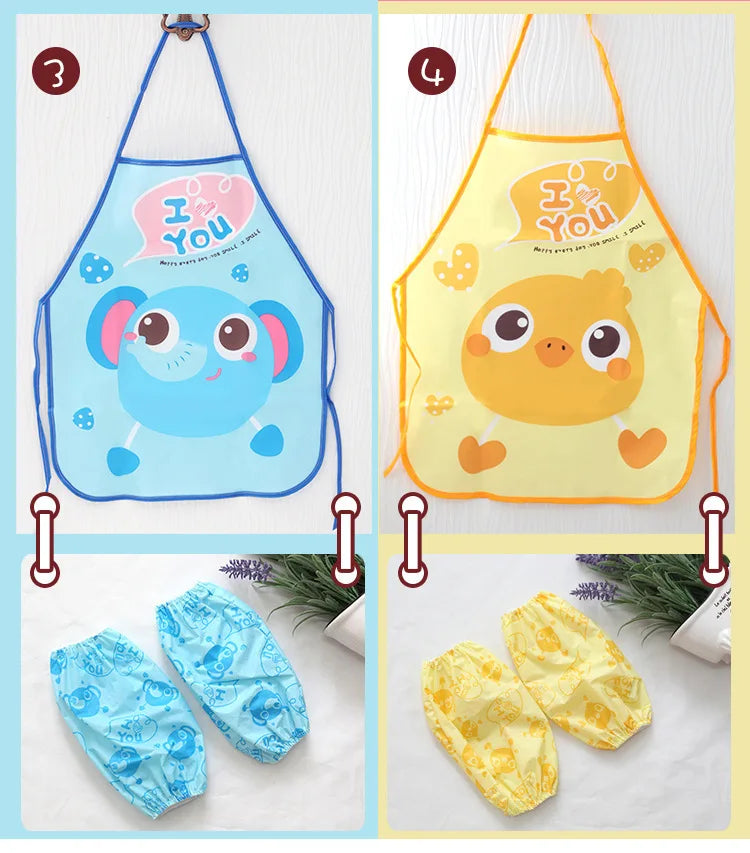 Cute Cartoon Children Apron Sleeves Chef Hat Pocket Set Kids Craft Art Kitchen Cooking Chef Suit Drink Food Baking Toys for 3-8Y