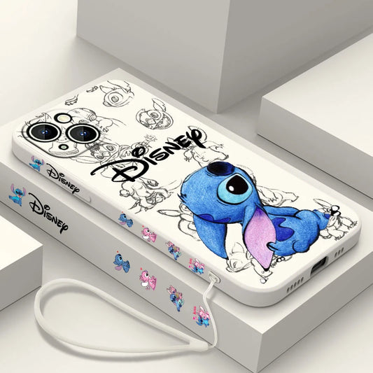 Disney Super Cute Stitch Phone Case For Apple iPhone 15 14 13 12 11 Pro Max Plus 8 7 SE Liquid Left Rope Soft Cover