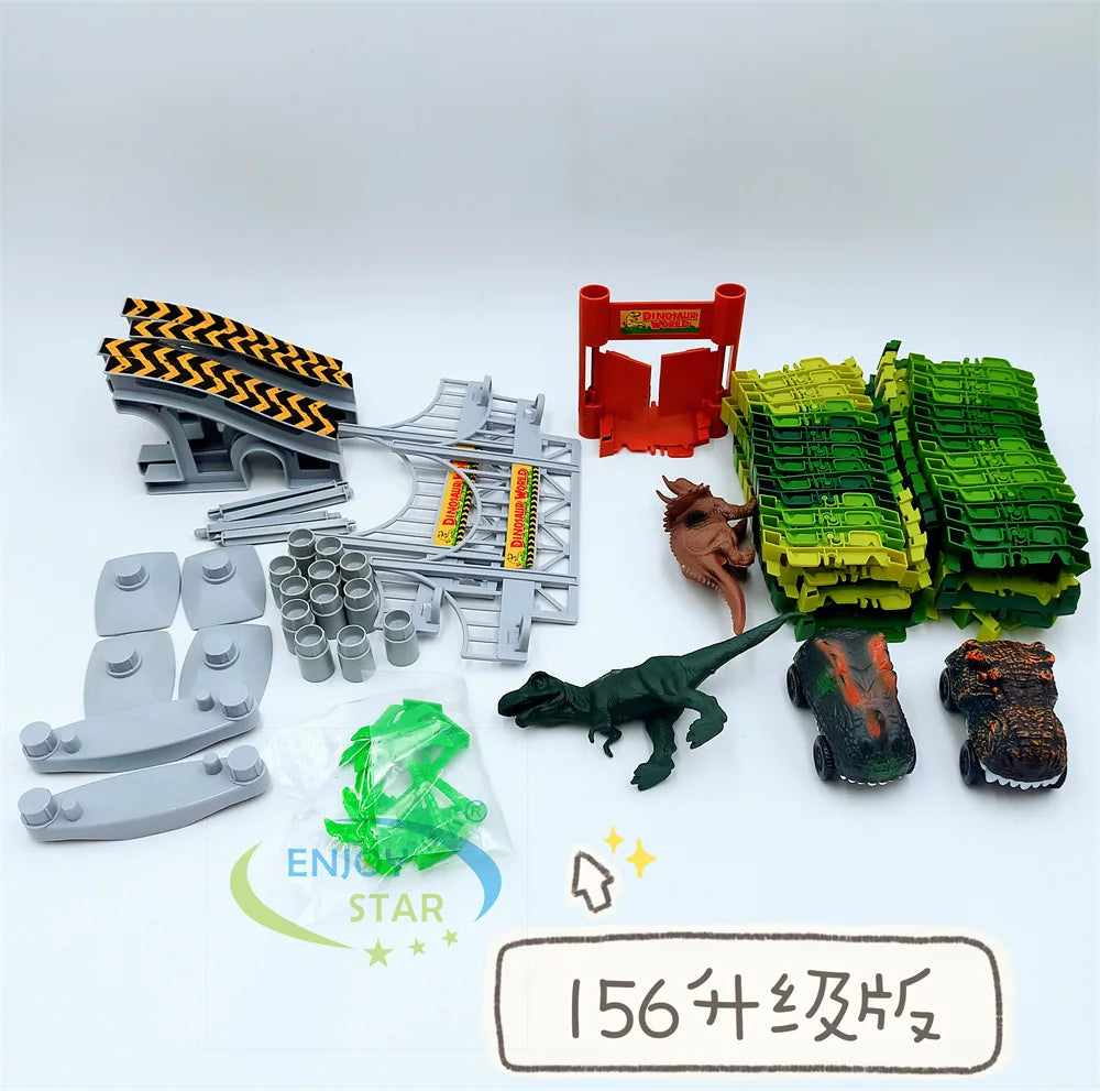 156pcs Dinosaur Railway Car Track Toy Set DIY Assemble Road Race Set with Flexible Track Dinosaur Toys Bridge Ramps Toys for Kid