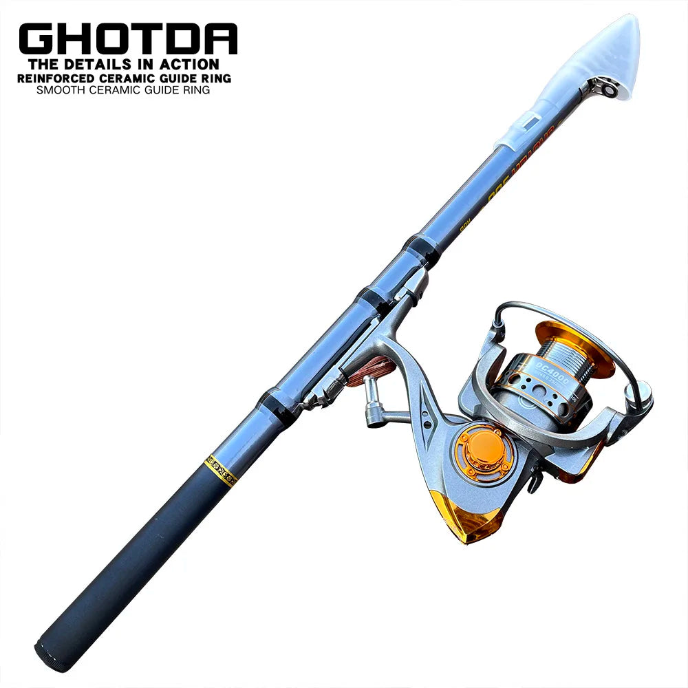 GHOTDA Carbon Fiber Short Telescopic Rock Fishing Rod and Spinning Fishing Reel Combo Full Kit Fishing Tackle Fishing Gear Set