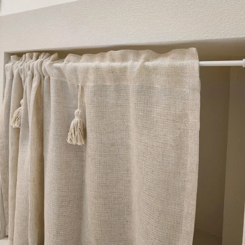 Kitchen Curtains Handmade Cotton Linen Short Curtain Tassels Window Valance Cafe Curtain Tiers for Farmhouse Bedroom Rod Pockets