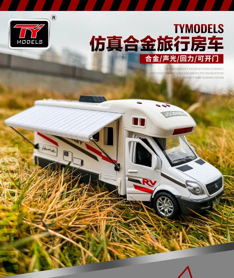 New 1:30 Alloy Luxury RV Caravan Car Model Metal Camper Van Motorhome Touring Car Vehicles Model Sound and Light Kids Toys Gifts